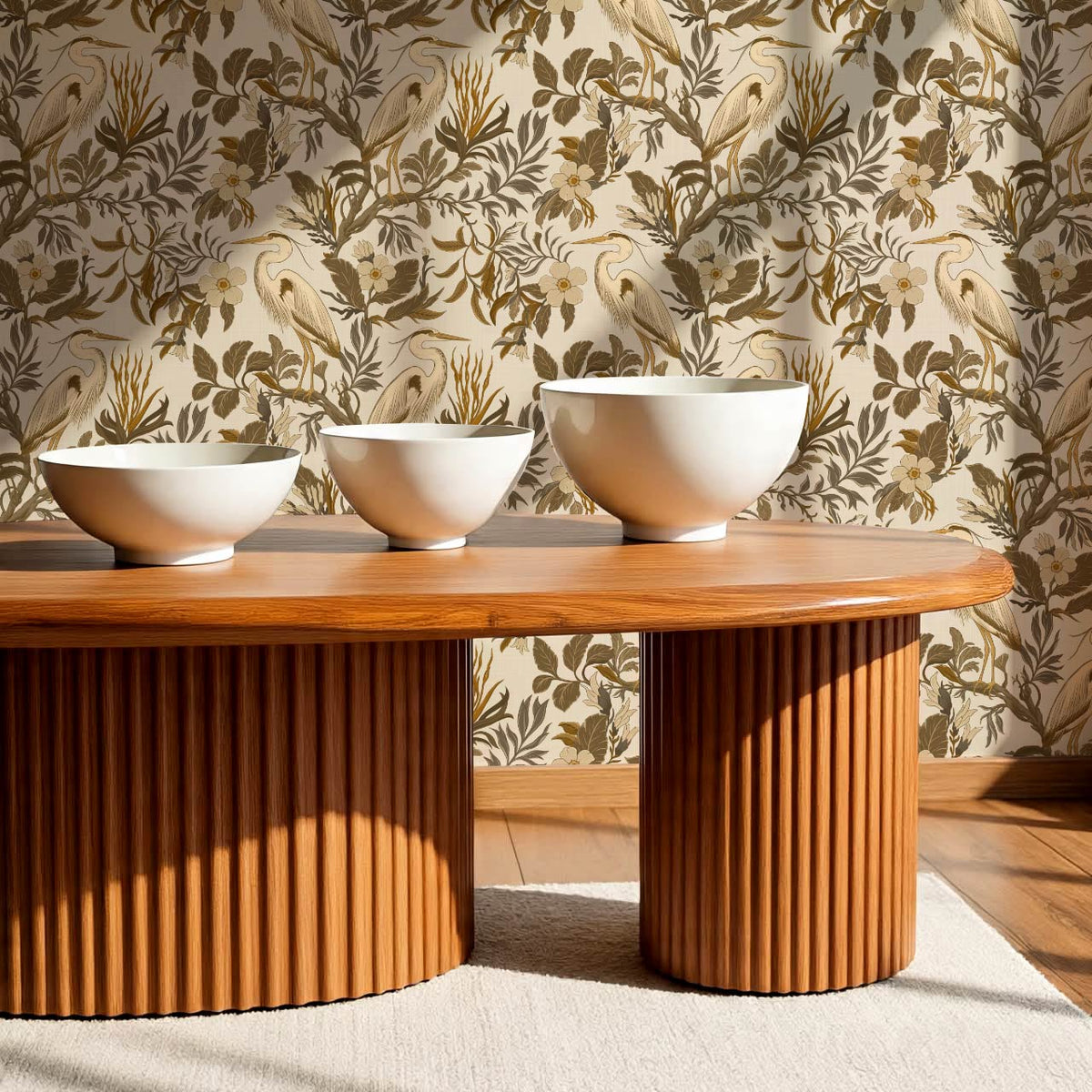 Genoveva Herons Ivory Deep Olive Ochre Wallpaper