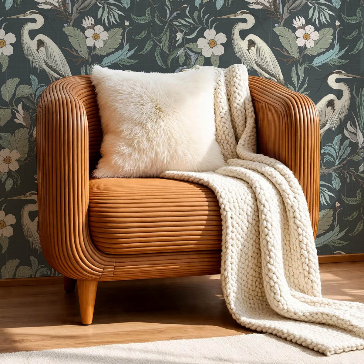 Genoveva Herons Slate Sage Ivory Wallpaper