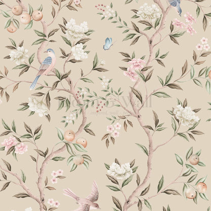 Ginevra Orchard Song Chinoiserie Beige Pastel Wallpaper