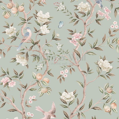 Ginevra Orchard Song Chinoiserie Sage Pastel Wallpaper