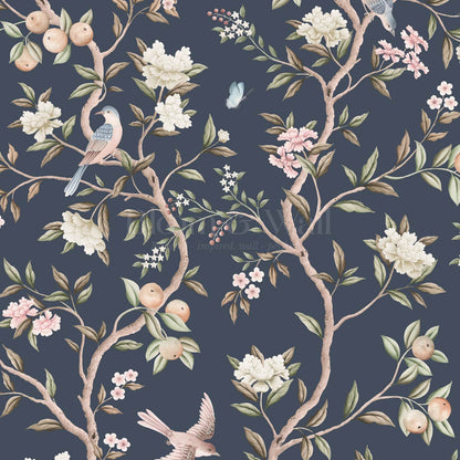 Ginevra Orchard Song Chinoiserie Navy Pastel Wallpaper