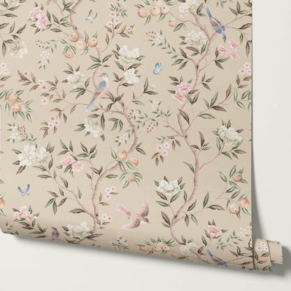 Ginevra Orchard Song Chinoiserie Beige Pastel Wallpaper