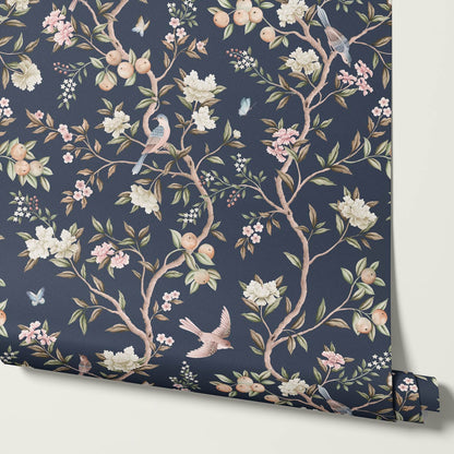 Ginevra Orchard Song Chinoiserie Navy Pastel Wallpaper