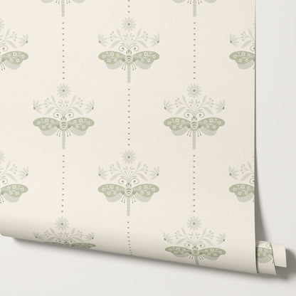 Gracie Rosewing Hearts Cream Sage Wallpaper