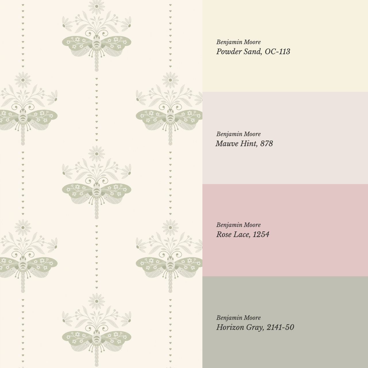 Gracie Rosewing Hearts Cream Sage Wallpaper