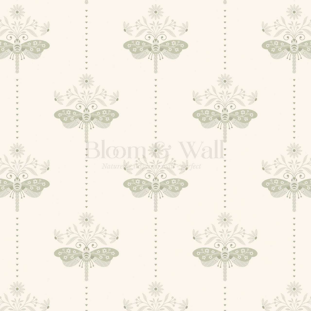 Gracie Rosewing Hearts Cream Sage Wallpaper