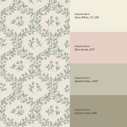 Hadley Leafy Ogee Blush Green Wallpaper