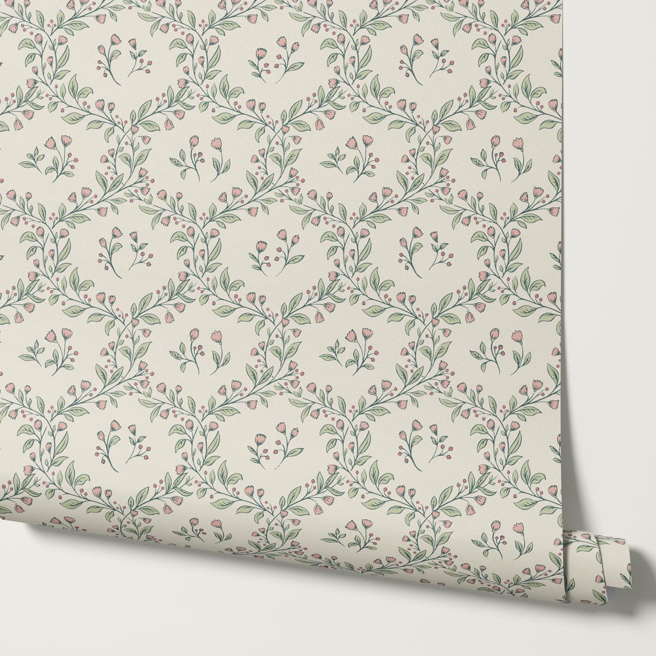 Hadley Leafy Ogee Blush Green Wallpaper