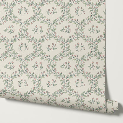 Hadley Leafy Ogee Blush Green Wallpaper