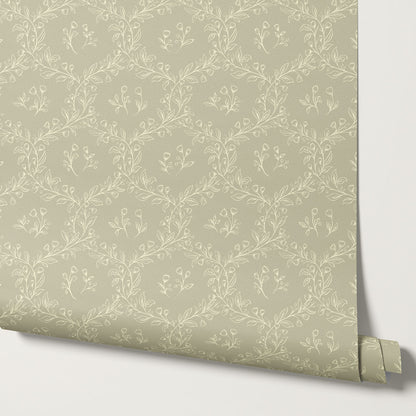 Hadley Leafy Ogee Stone Wallpaper