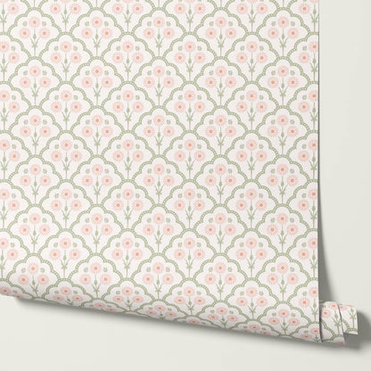 Haisley Scalloped Bloom Sage Blush Wallpaper
