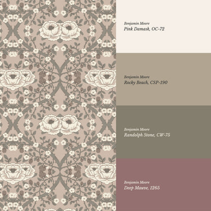 Hallie Blackberry Ogee Rose Ash Wallpaper