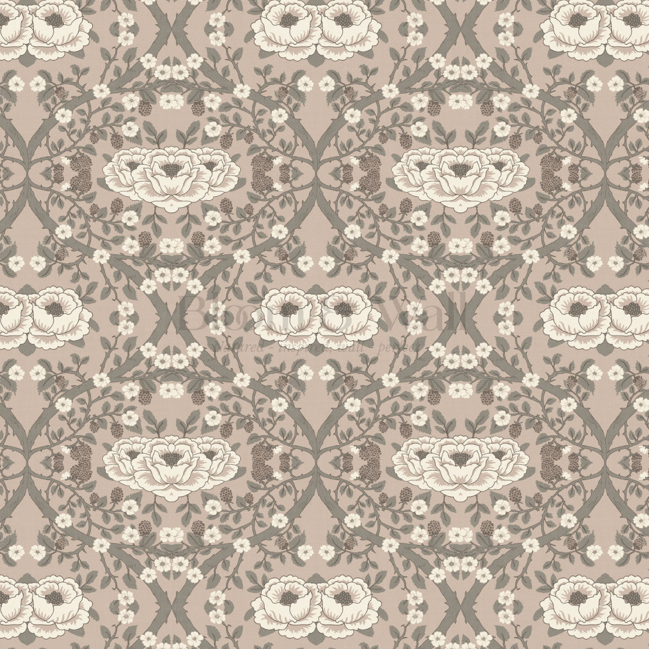 Hallie Blackberry Ogee Rose Ash Wallpaper