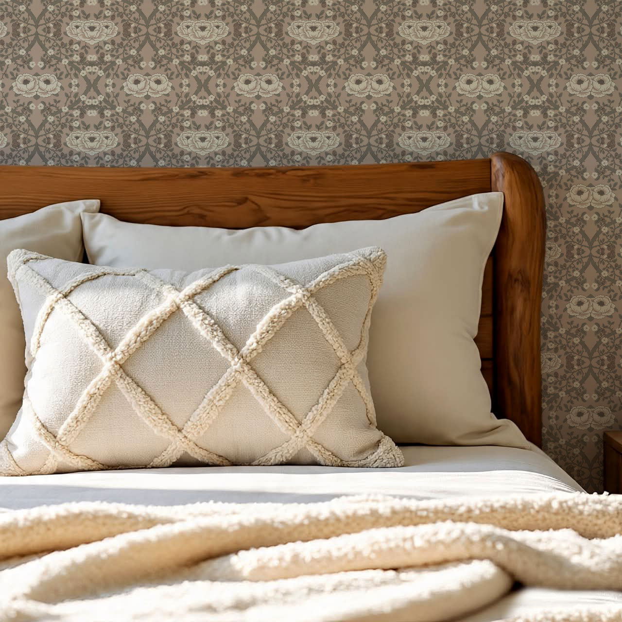 Hallie Blackberry Ogee Rose Ash Wallpaper