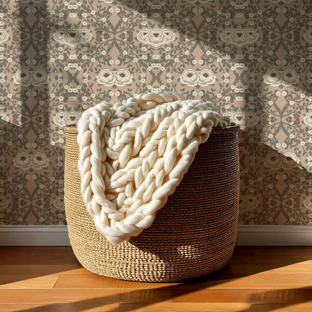 Hallie Blackberry Ogee Rose Ash Wallpaper