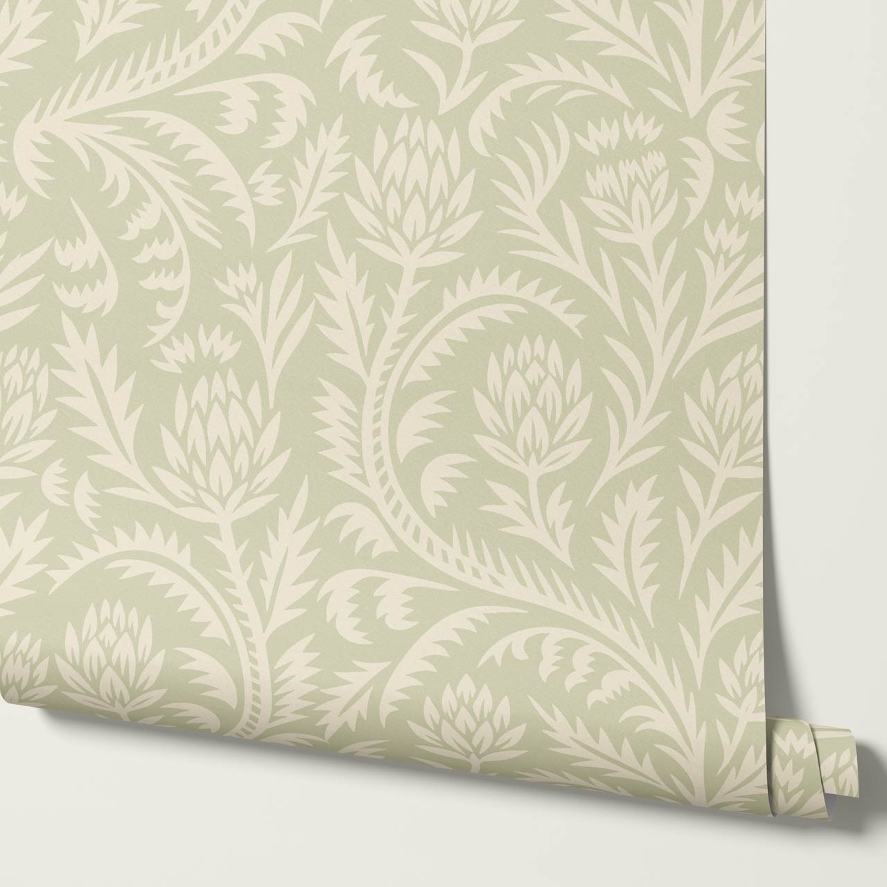 Hannah Folkfloral Woodcut Soft Sage Wallpaper