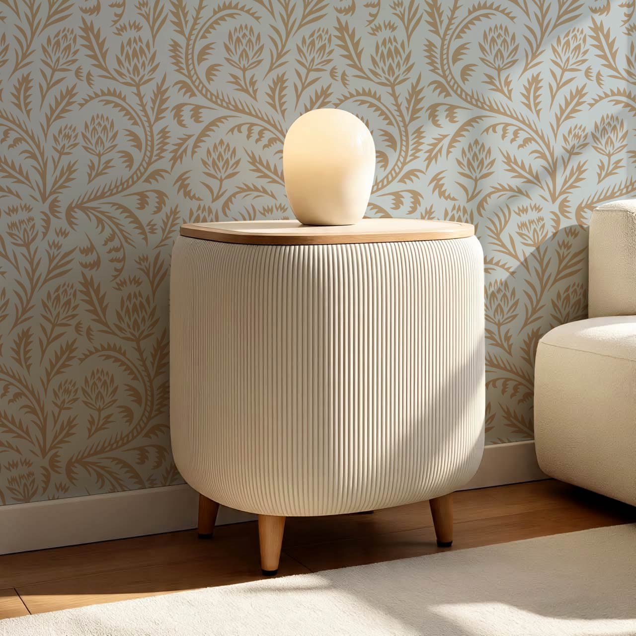 Hannah Folkfloral Woodcut Dove Beige Wallpaper