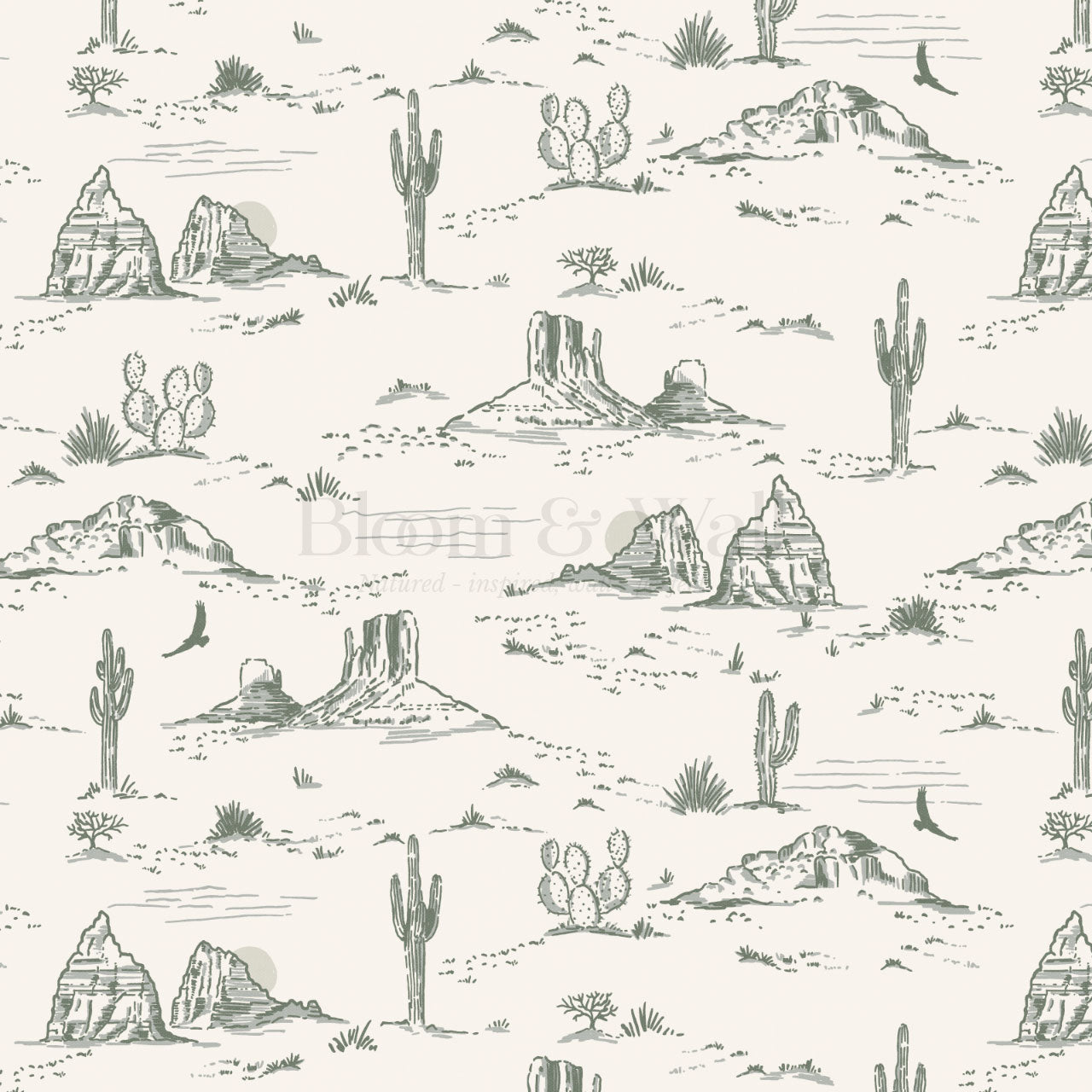 Harlow Western Desert Landscape Green Wallpaper
