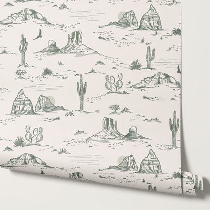 Harlow Western Desert Landscape Green Wallpaper