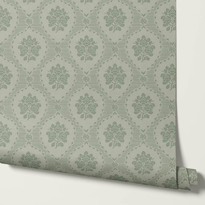 Harmony Ogee Lattice Bouquet Sage Wallpaper