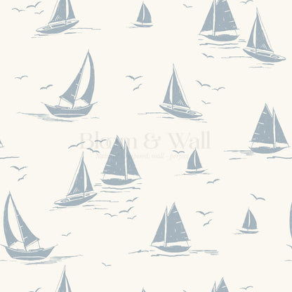 Harper Race Day Sailboats Cream Blue Wallpaper
