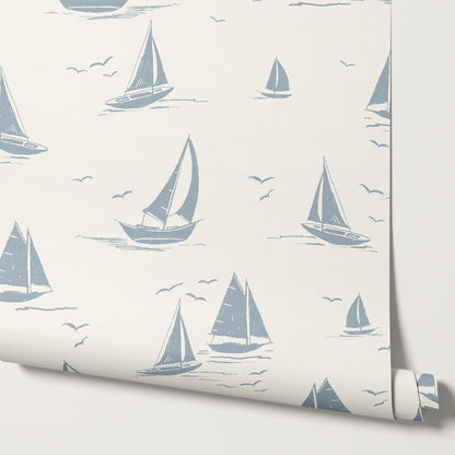 Harper Race Day Sailboats Cream Blue Wallpaper