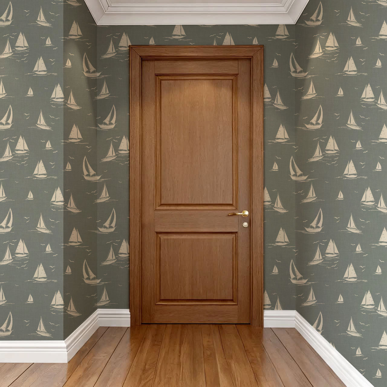 Harper Race Day Sailboats Dusty Green Oat Wallpaper