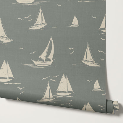 Harper Race Day Sailboats Dusty Green Oat Wallpaper