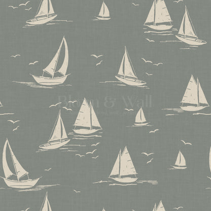 Harper Race Day Sailboats Dusty Green Oat Wallpaper