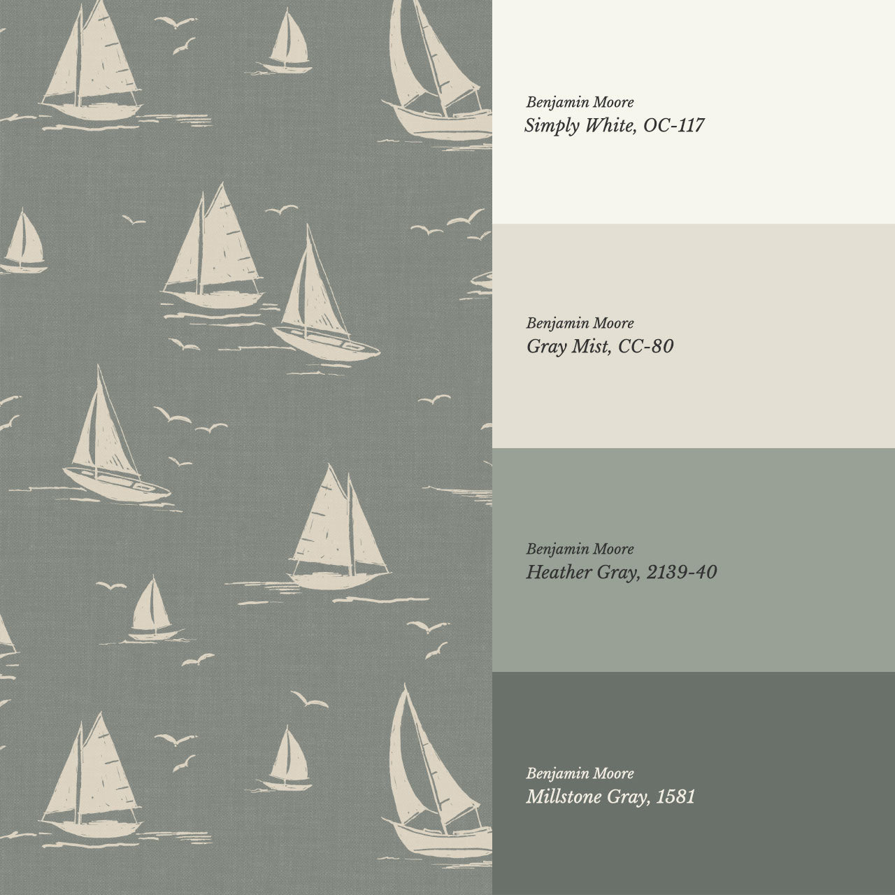 Harper Race Day Sailboats Dusty Green Oat Wallpaper