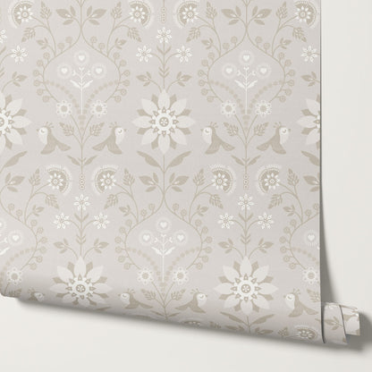 Oaklynn Heartwood Folk Garden Beige Dove Wallpaper