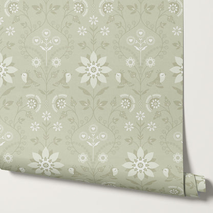 Oaklynn Heartwood Folk Garden Sage Wallpaper
