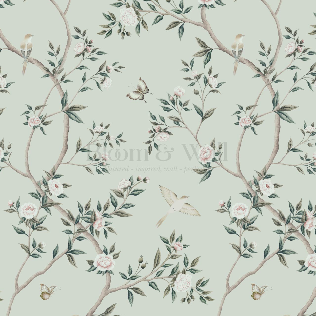 Hemma Porcelain Orchard Chinoiserie Sage Green Wallpaper