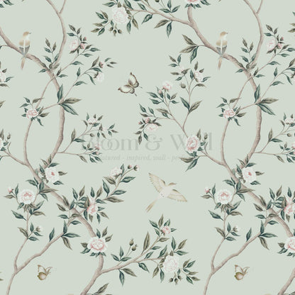Hemma Porcelain Orchard Chinoiserie Sage Green Wallpaper