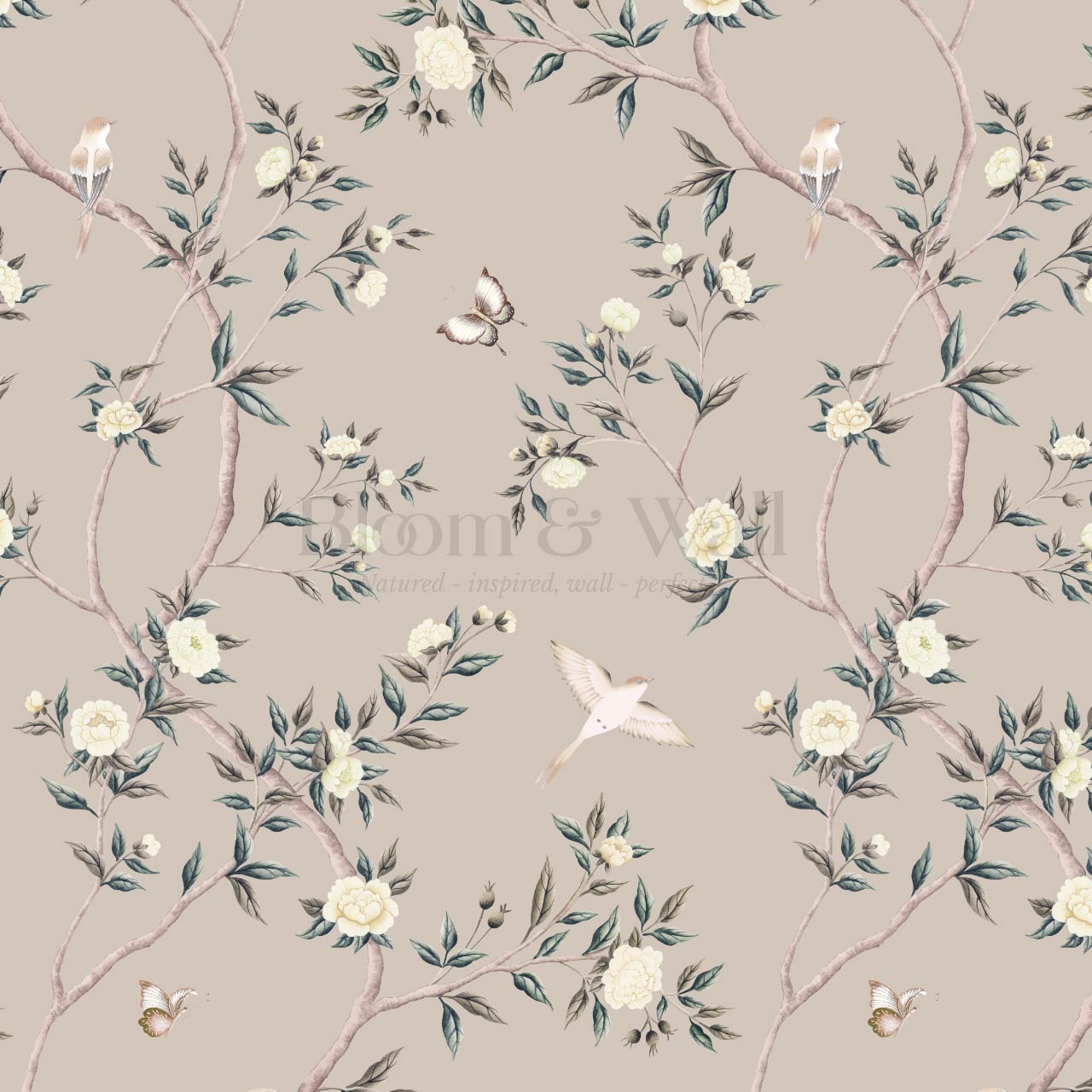 Hemma Porcelain Orchard Chinoiserie Taupe Stone Pearl Wallpaper