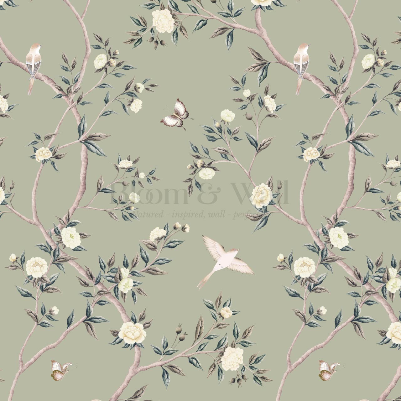 Hemma Porcelain Orchard Chinoiserie Sage Pearl Wallpaper
