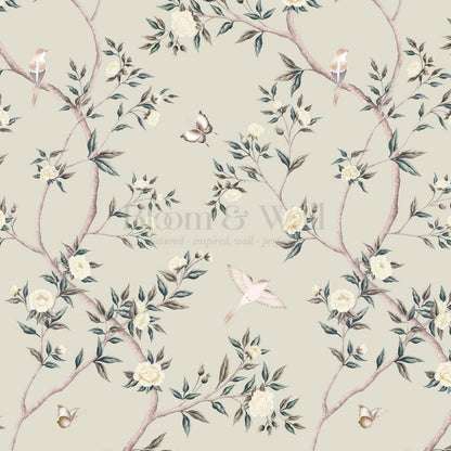 Hemma Porcelain Orchard Chinoiserie Soft Sage Ivory Wallpaper