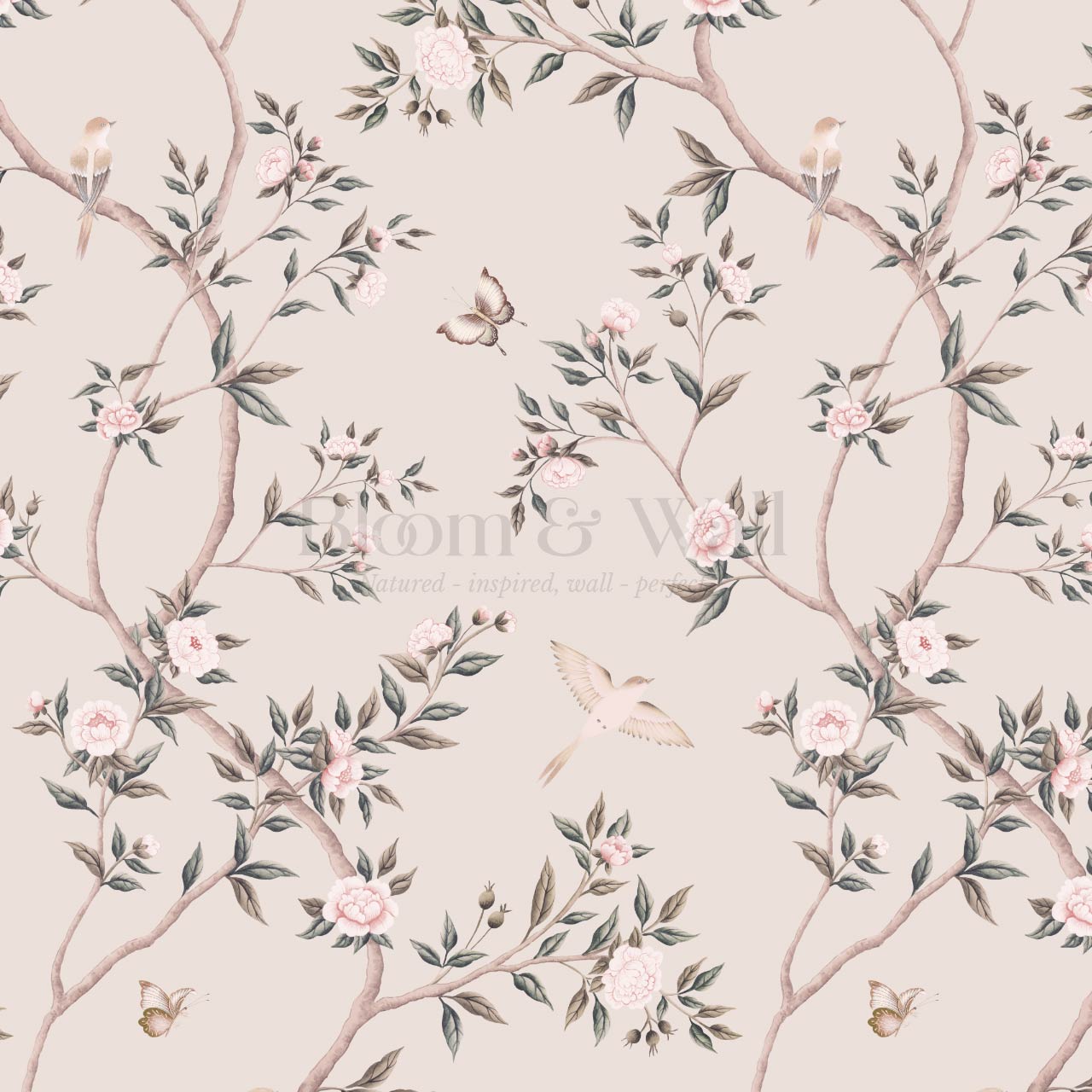 Hemma Porcelain Orchard Chinoiserie Rose Dust Beige Wallpaper