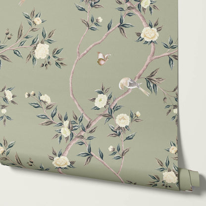 Hemma Porcelain Orchard Chinoiserie Sage Pearl Wallpaper