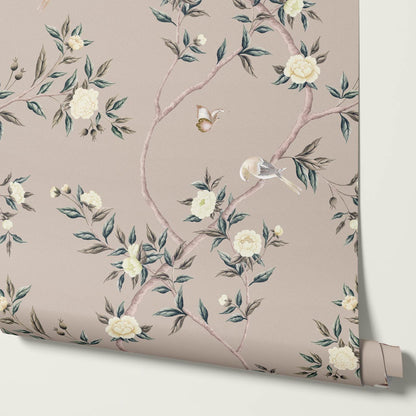 Hemma Porcelain Orchard Chinoiserie Taupe Stone Pearl Wallpaper