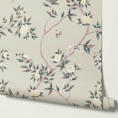 Hemma Porcelain Orchard Chinoiserie Soft Sage Ivory Wallpaper