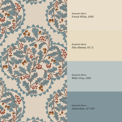 Herminia Oak Leaves Medalions Neutral Teal Wallpaper
