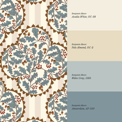 Herminia Oak Leaves Medalions Taupe Teal Wallpaper