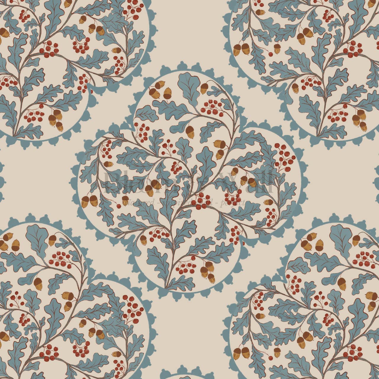 Herminia Oak Leaves Medalions Neutral Teal Wallpaper