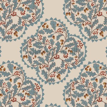 Herminia Oak Leaves Medalions Neutral Teal Wallpaper