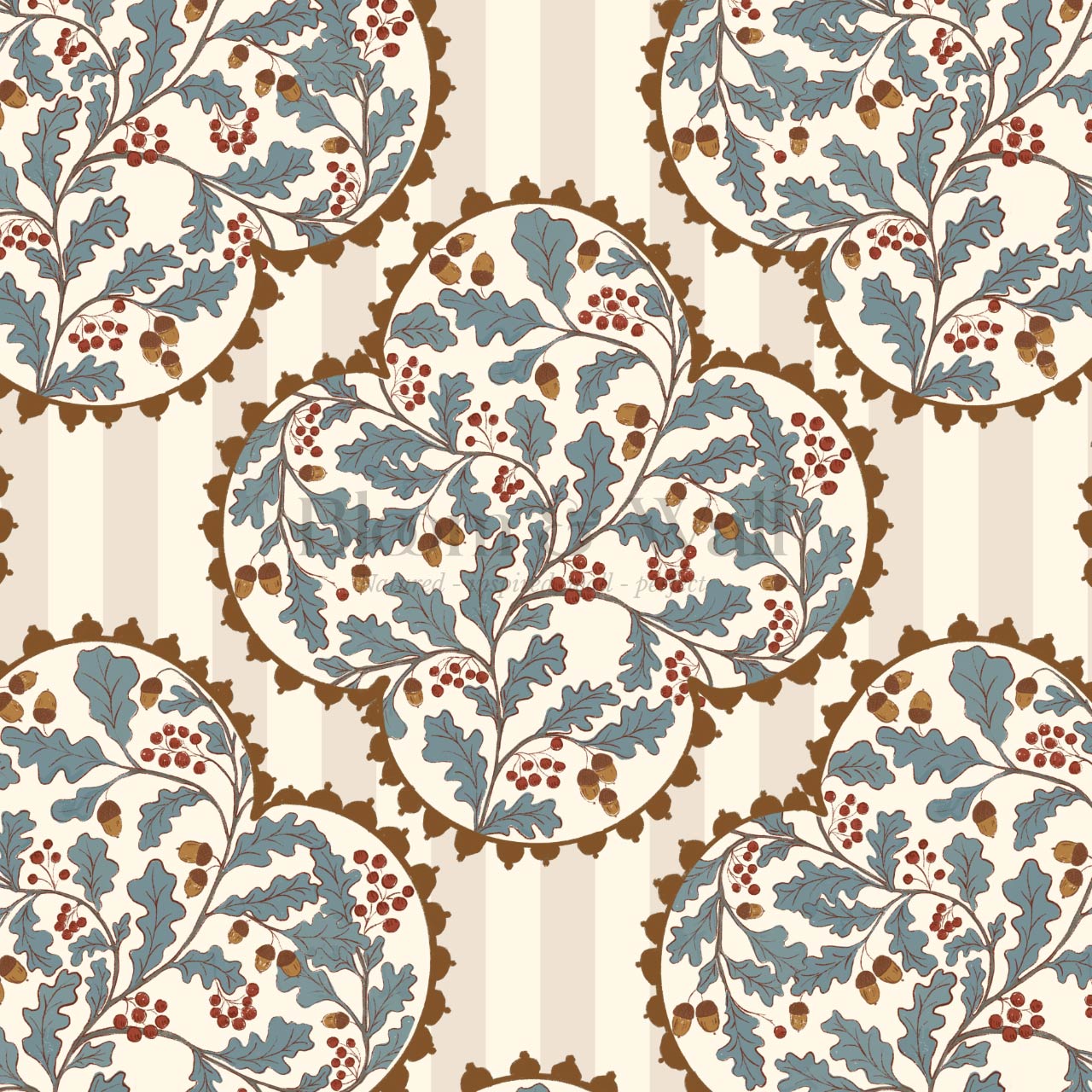Herminia Oak Leaves Medalions Taupe Teal Wallpaper