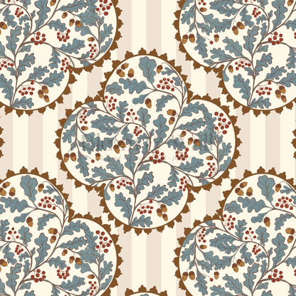 Herminia Oak Leaves Medalions Taupe Teal Wallpaper