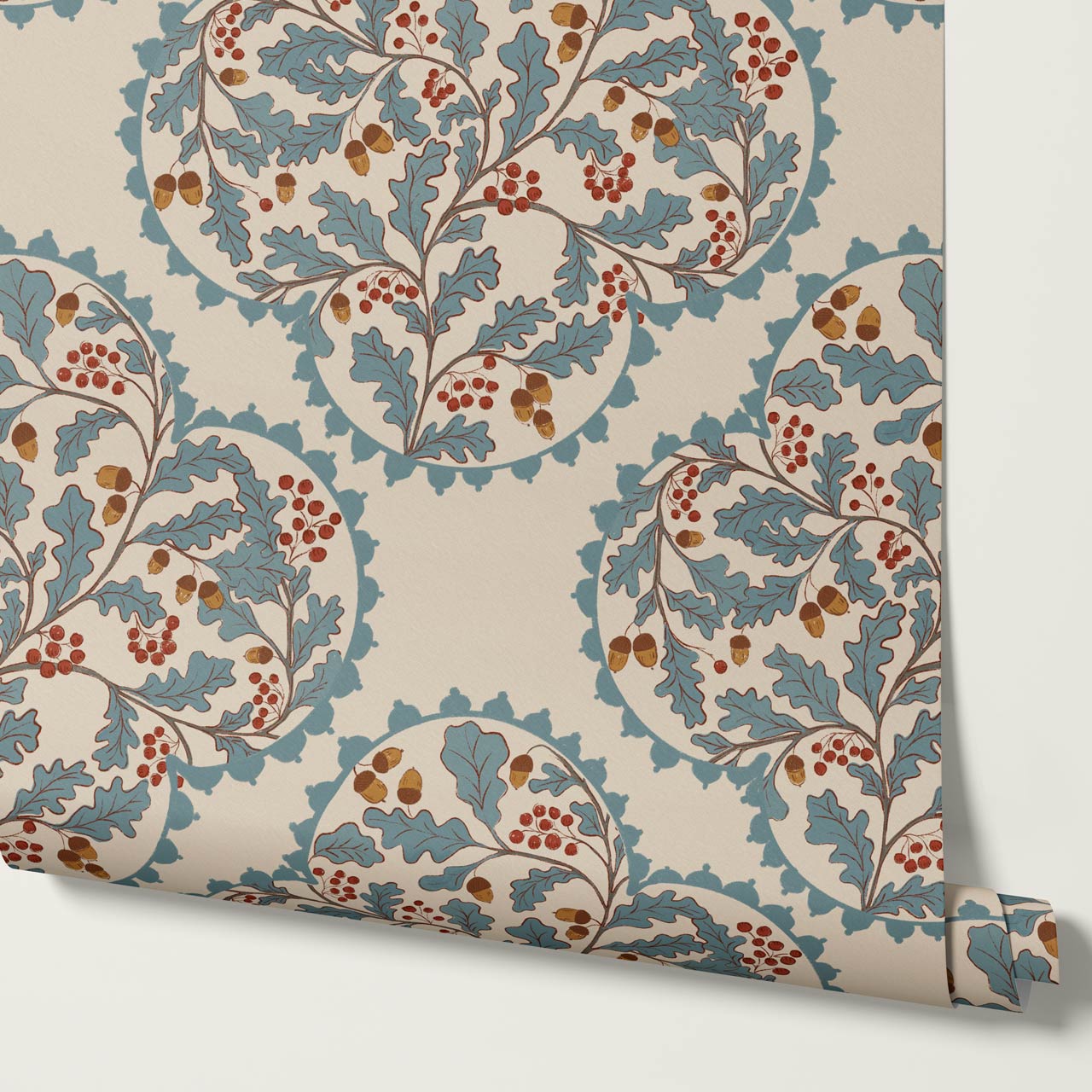 Herminia Oak Leaves Medalions Neutral Teal Wallpaper