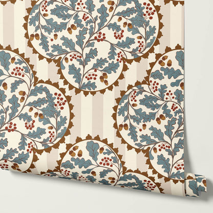Herminia Oak Leaves Medalions Taupe Teal Wallpaper
