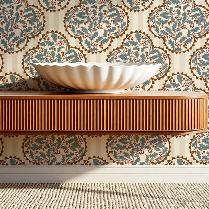 Herminia Oak Leaves Medalions Taupe Teal Wallpaper